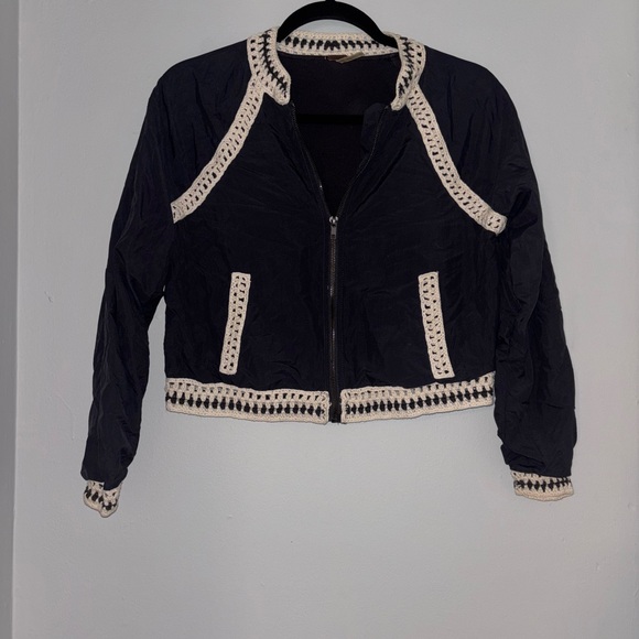 Free People Crochet Inset Baseball Jacket Long Sleeve Wash Black XS - Picture 1 of 5